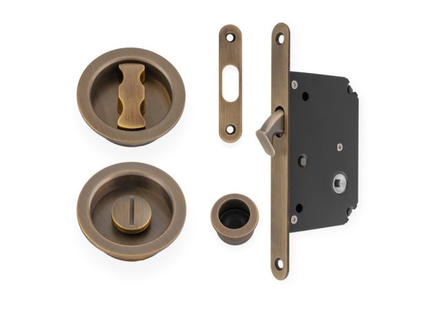 Schuifdeurslot set  - Antiek messing - Inclusief rond wc/badkamer beslag - AW110RAB