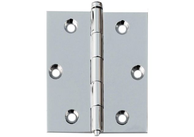Scharnier rechte hoek 80x60x2,5mm - Losse pen - Enkele knop - Messing gepolijst chroom